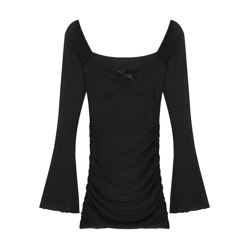 Pure lust hottie mesh splicing long-sleeved dress for women spring and summer sexy purple off-shoulder skirt tight hip-hugging short skirt