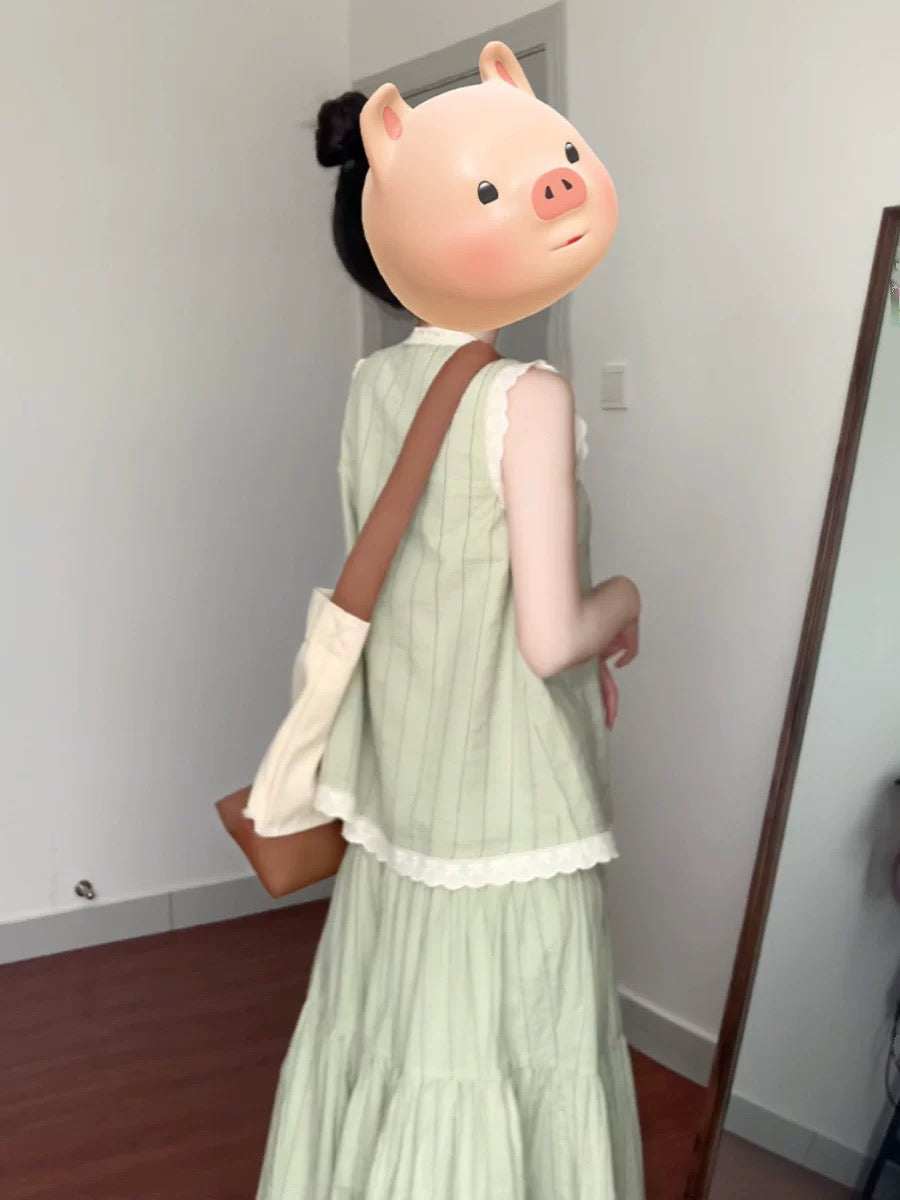 French tea break green striped dress two-piece suit summer lace sleeveless vest top skirt