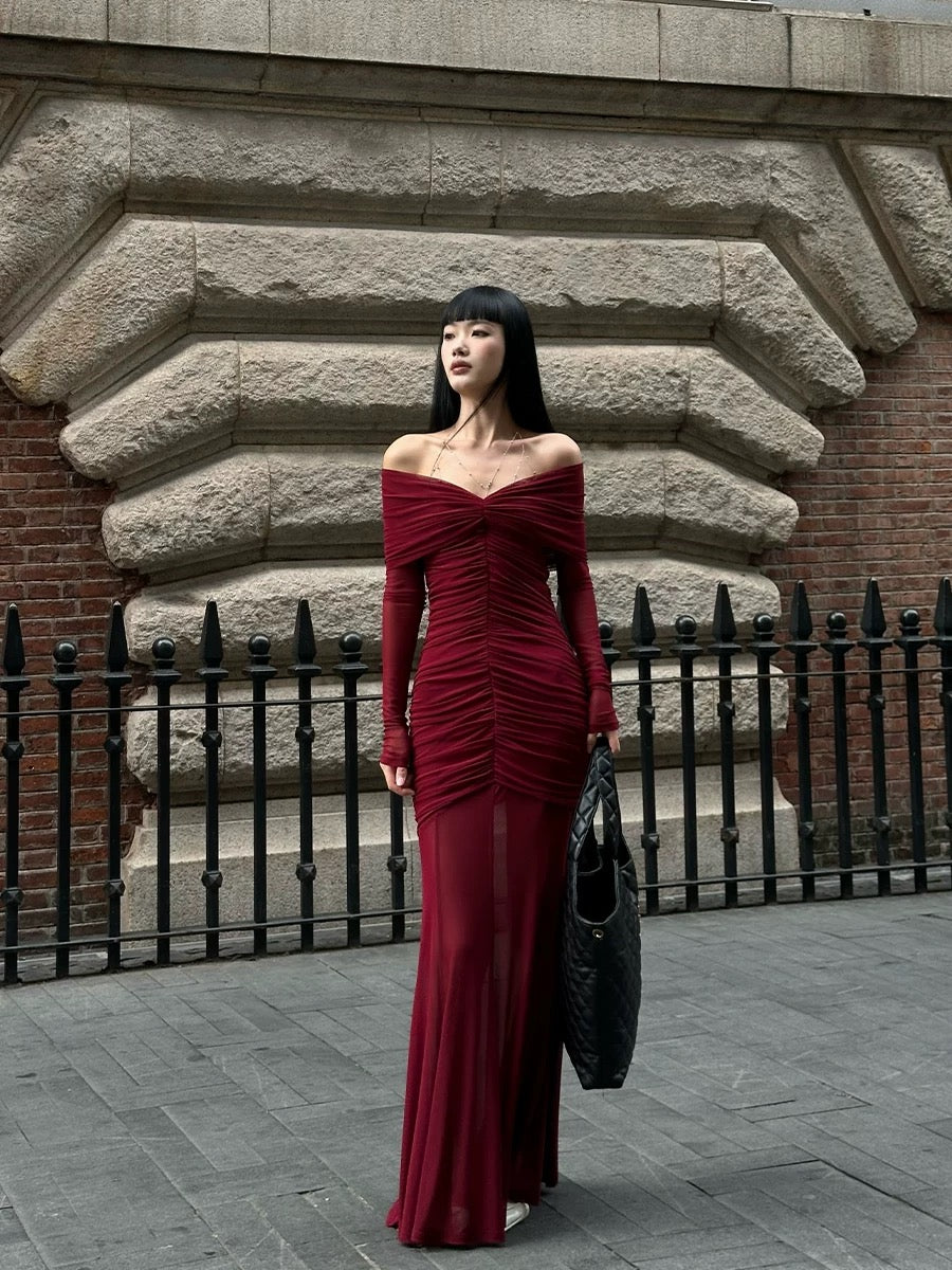 VENUIE burgundy annual party dress with various styles and curves, spring pleated design one-shoulder V-neck dress