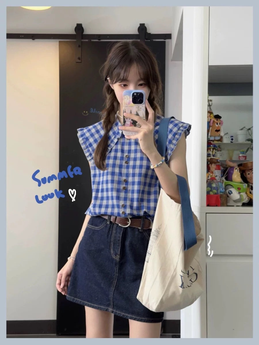 Korean sweet college style blue plaid doll collar shirt for women summer dopamine atmosphere small flying sleeve top