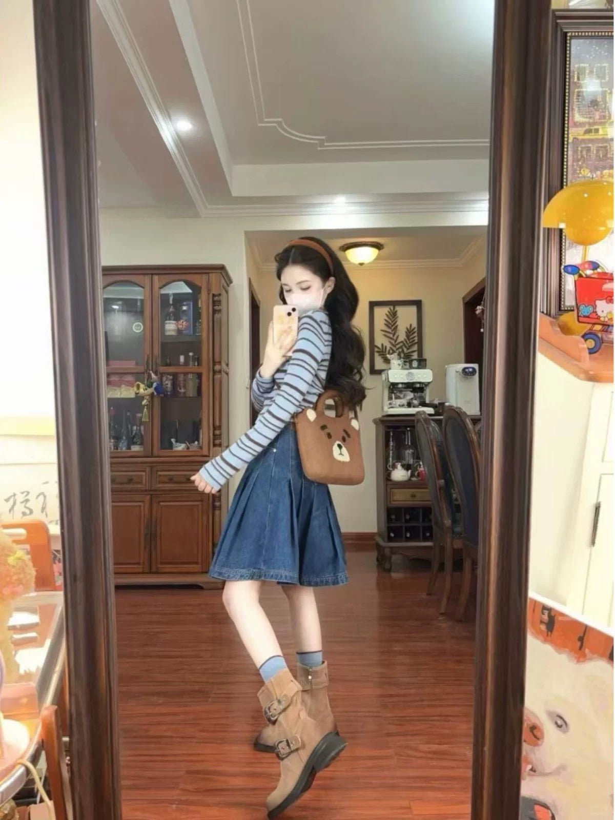 American retro college early spring two-piece suit blue striped sweater top denim A-line skirt