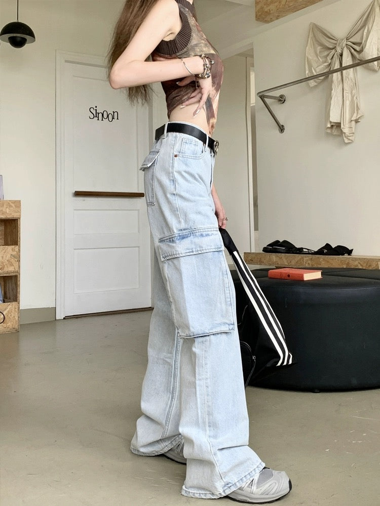 kumikumi retro washed light blue cargo jeans women's spring loose wide-leg pants floor-length pants