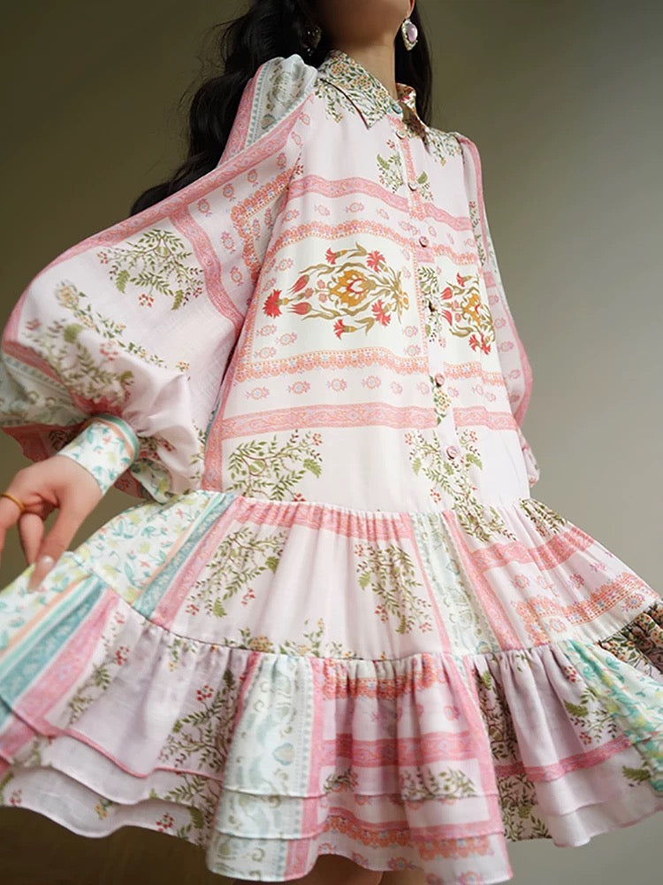 Aconiconi|Hanajima Harunobu French heavy 3D embroidered dress Retro print girly short skirt