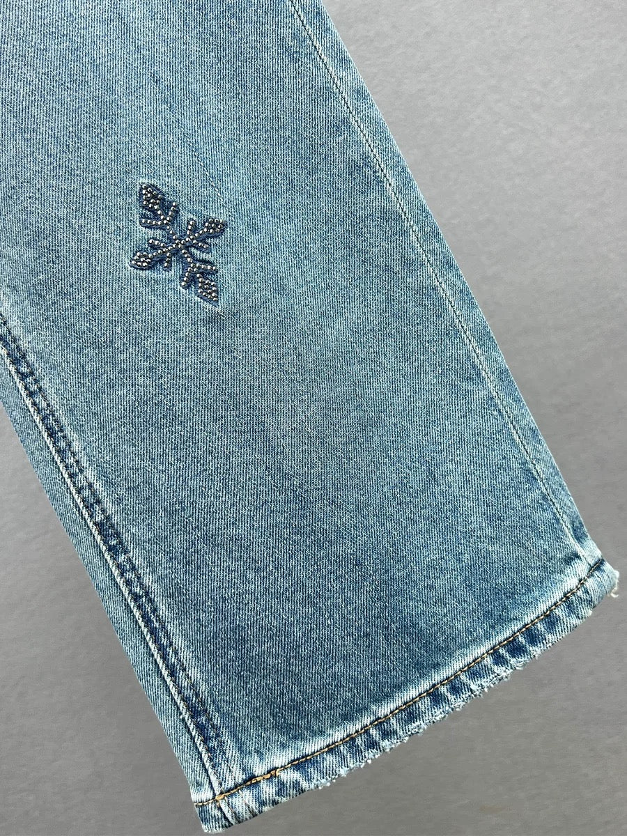 Trendy denim straight pants for women 2024 new spring high-waisted loose slimming Hong Kong style embroidered hot diamond wide-leg trousers