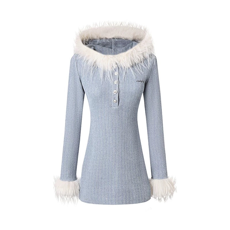 Underpass original design niche fur collar two-color pure lust atmosphere bottoming waist knitted dress