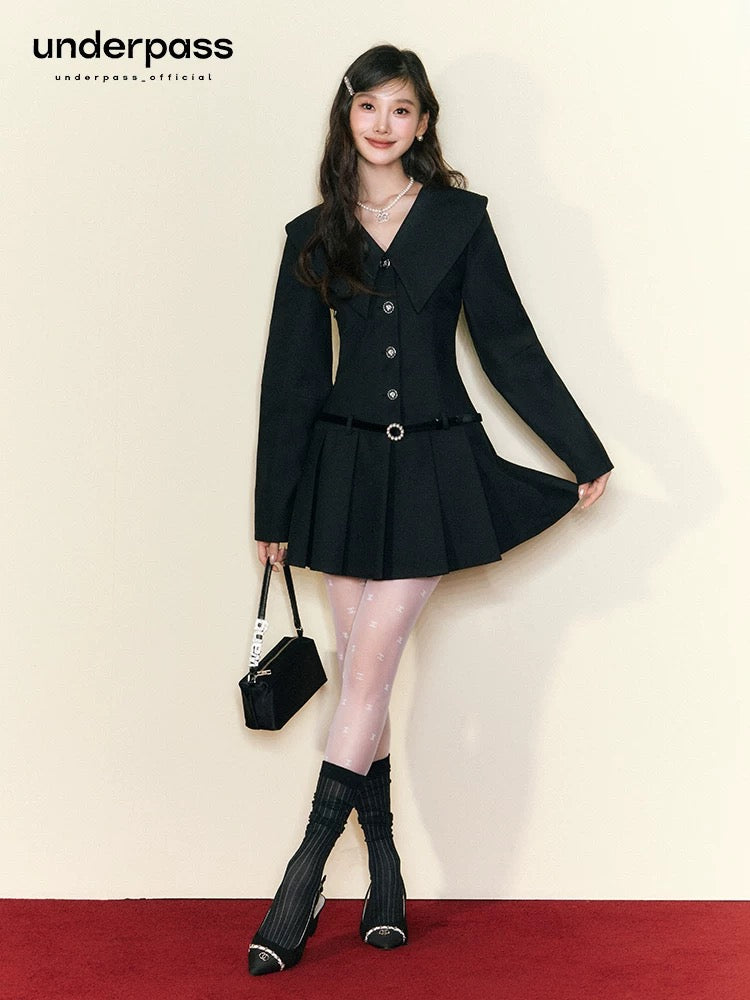 Underpass original design college style large lapel waist pleated dress A-line high-end slimming skirt