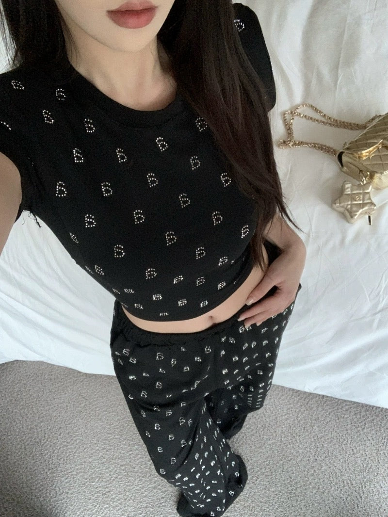 Letter hot diamond short-sleeved T-shirt top for women summer sweet and spicy suit high-waisted casual wide-leg pants two-piece set