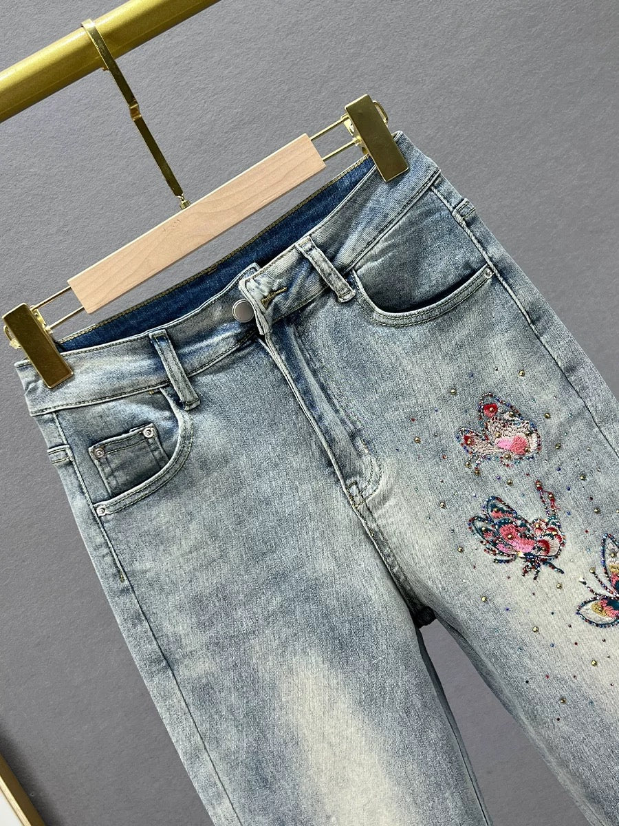 National style embroidered eight-point jeans for women, trendy 2024 new spring and summer high-waist slimming straight cigarette pants