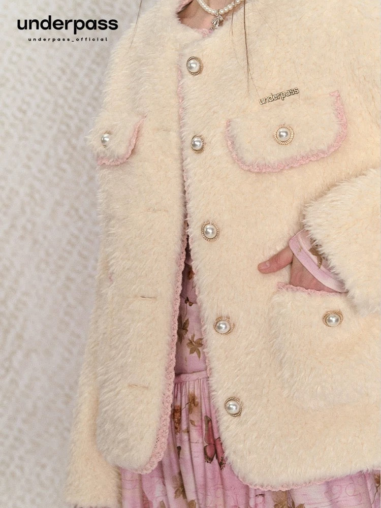 Underpass Original Off-White Dianjin Xiaoxiang Style Contrast Color Lace Plush Velvet Thickened Warm Short Jacket for Women