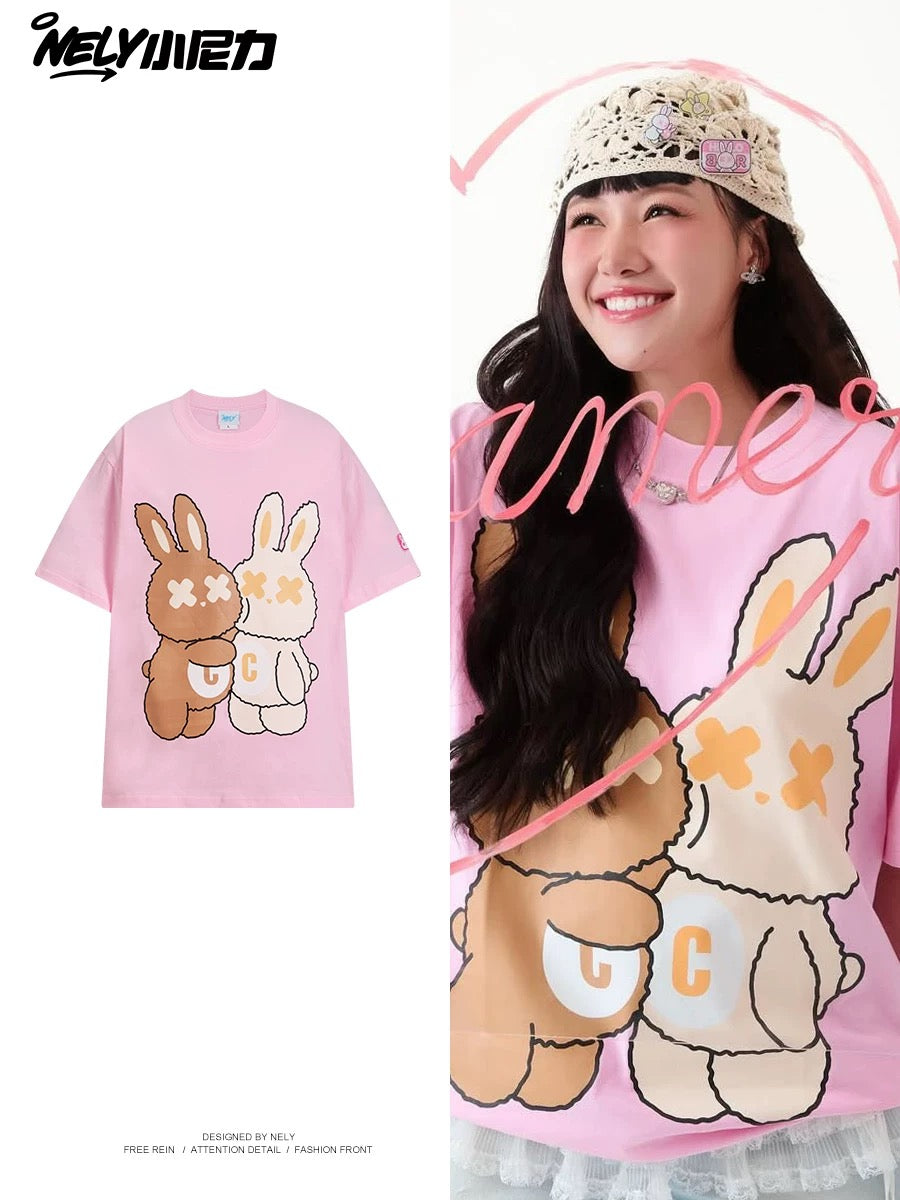 American style ins three bears printed cotton short-sleeved T-shirt men and women summer heavyweight all-match loose couple tops