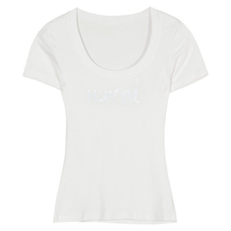 Black sequin letter short-sleeved T-shirt for women in summer, pure desire waist tight slim design niche top