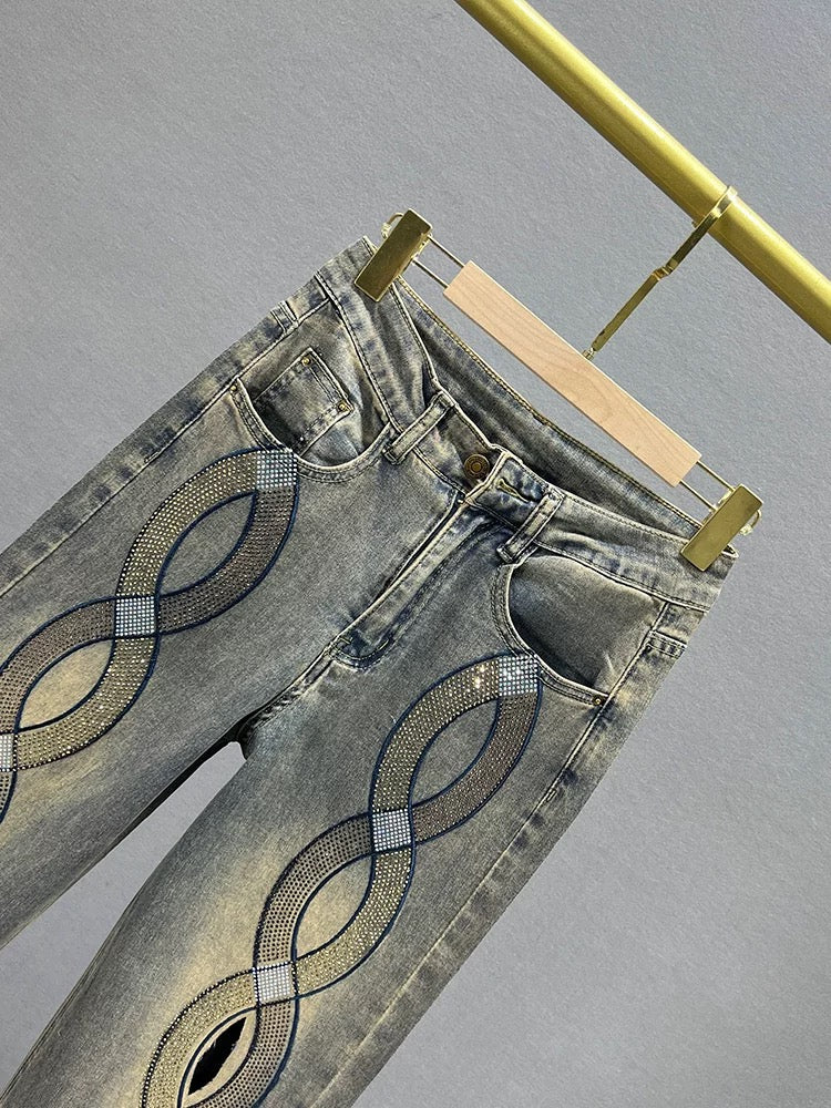 Heavy-duty hot-drilled denim straight-leg pants for women, 2024 new summer wear, high-waisted, loose, slimming, European floor-length trousers