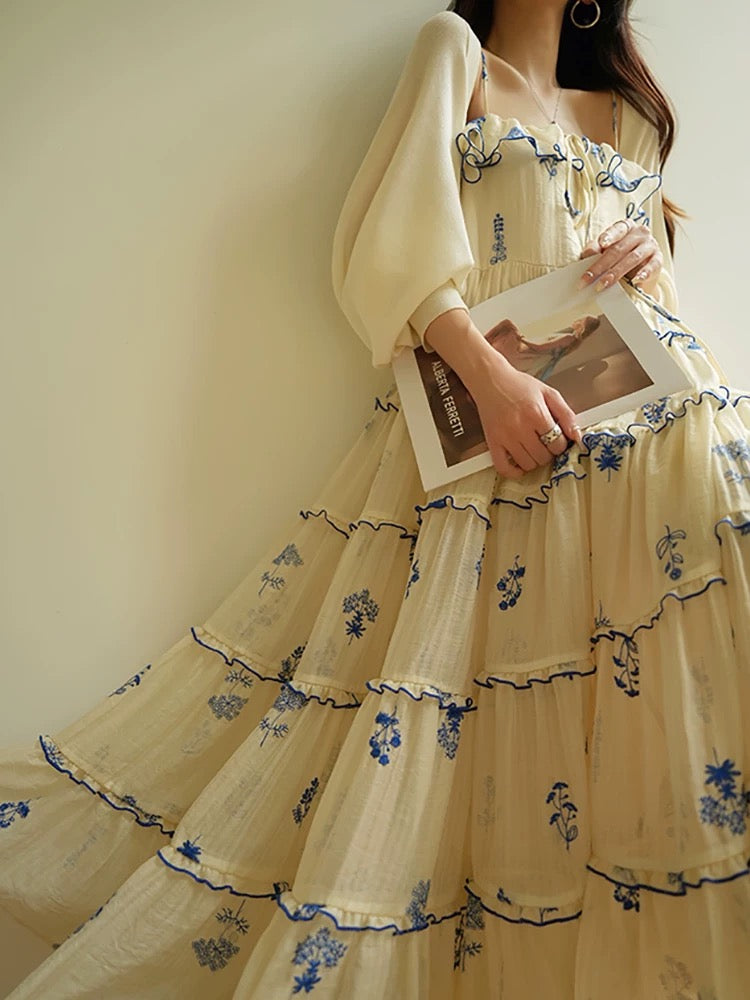 Aconiconi|Nanfeng French blue print lyocell sling holiday style cake skirt swing dress