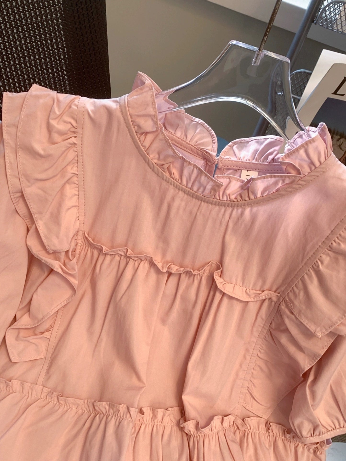 French chic sweet pink short-sleeved shirt for women summer design niche loose slimming belly-covering baby doll top