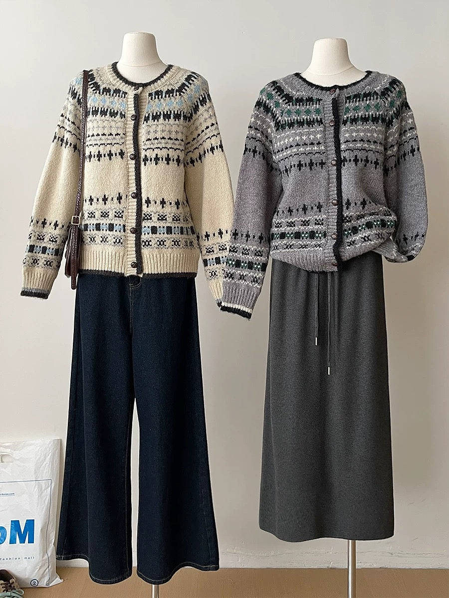 RENA autumn and winter atmosphere heavy round neck Fair Isle jacquard design soft waxy sweater jacket warm cardigan women