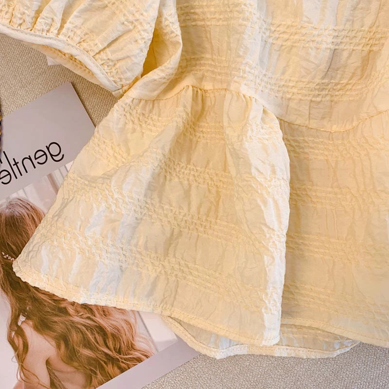 Summer unique and unique bow short-sleeved shirt for women, French sweet puff sleeve top, waist-covering belly shirt