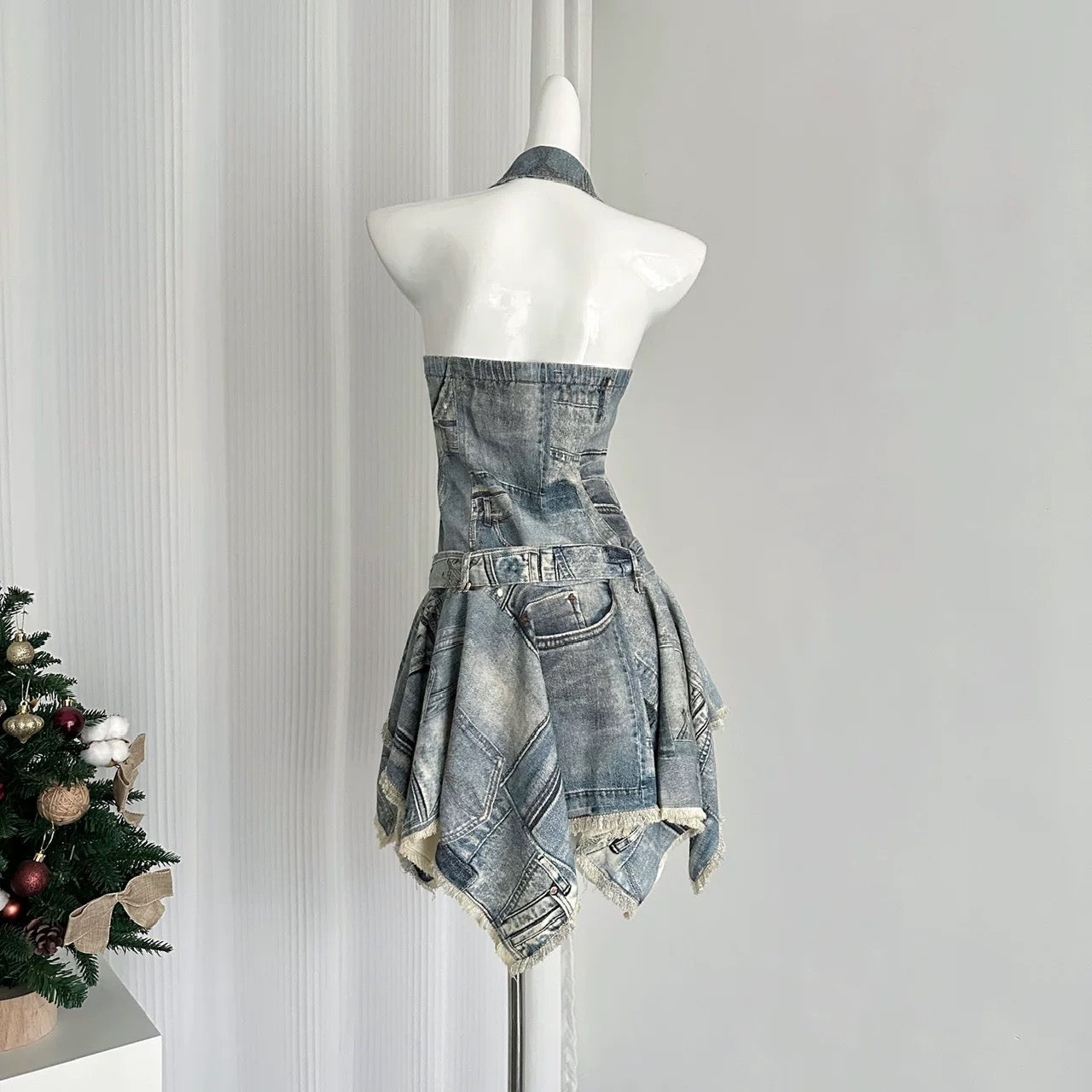 Youni homemade California cowboy Punk waist halter neck denim dress female old retro slim short skirt