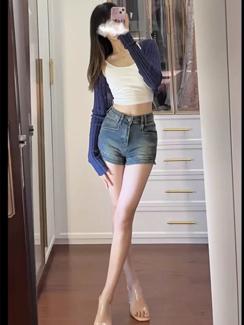 American retro distressed jeans shorts for women summer sweet hottie style high-waist slim hip-covering pants straight A-line pants