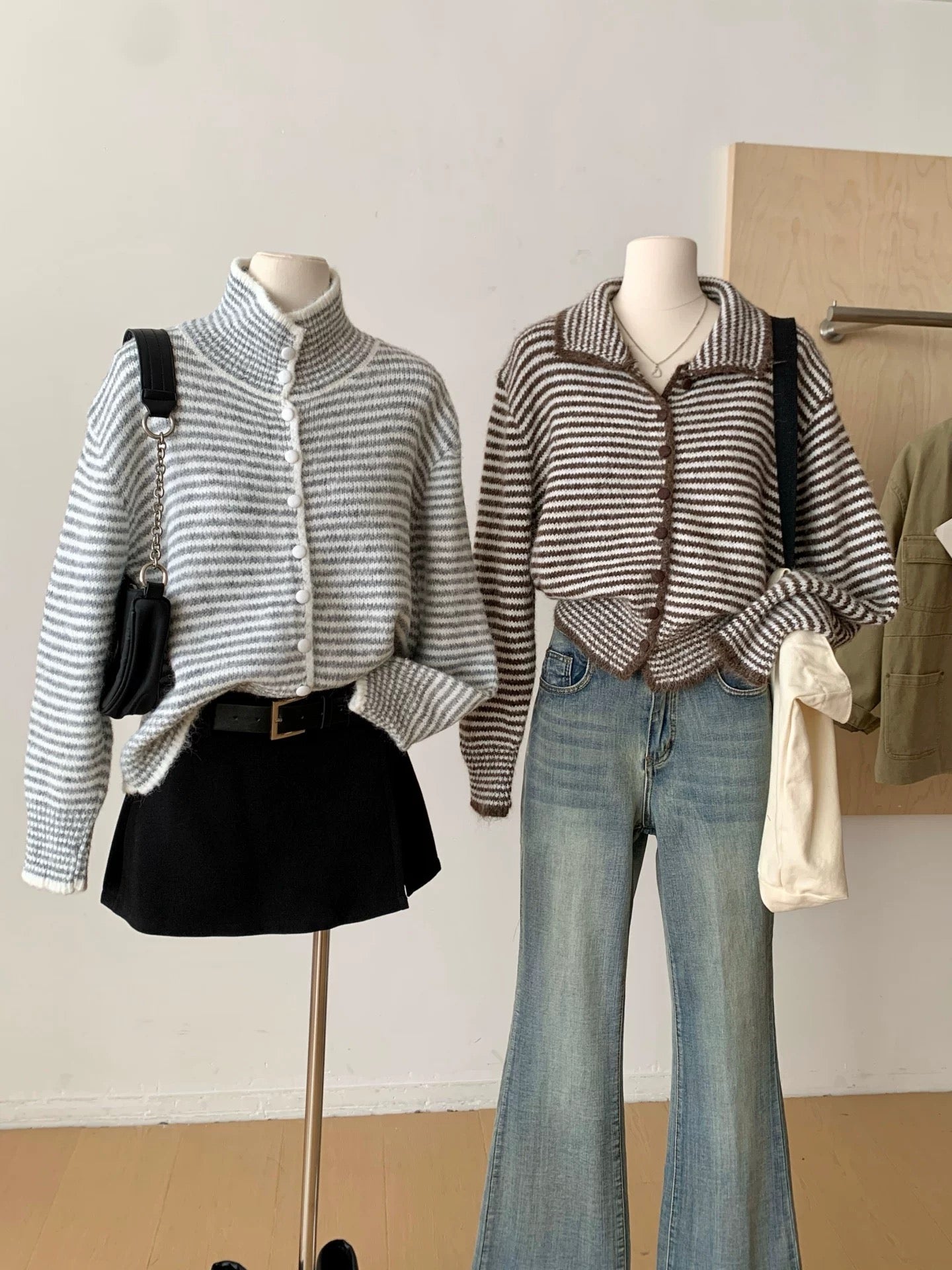RENA retro striped style stand collar knitted cardigan female 2025 soft lazy style button decoration sweater jacket