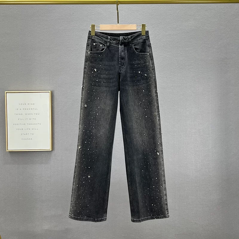 Loose Denim Wide Leg Pants Women's Trendy 2023 Autumn New High Waist Slimming European Station Hot Diamond Floor-Mopping Pants Trousers