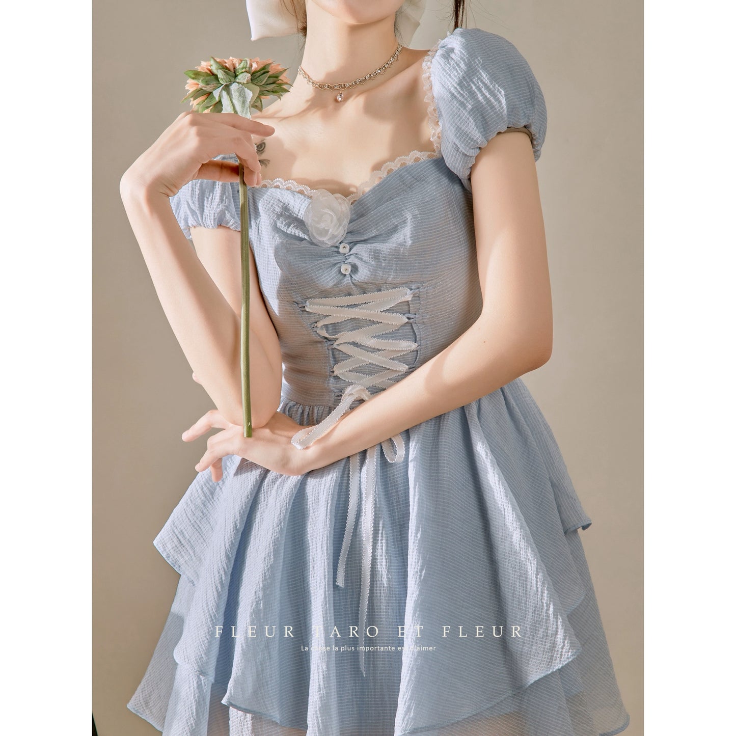 Blue dress ballet sweet French fugitive princess style waist slimming beautiful small skirt short style women summer