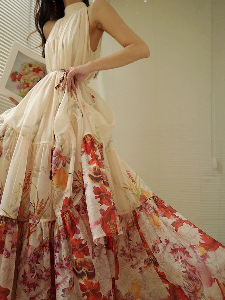 Aconiconi|Furla French print large skirt halter neck retro high-end seaside holiday style dress