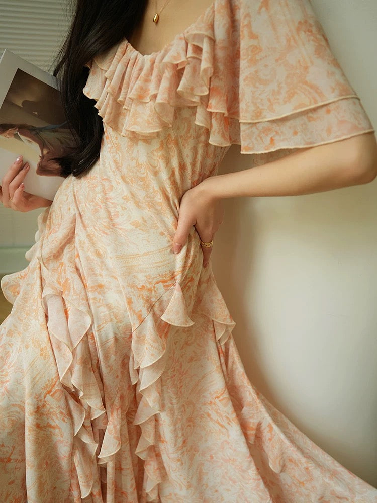Aconiconi|Fengyin French gentle orange print elegant ruffled holiday style dress with a large skirt