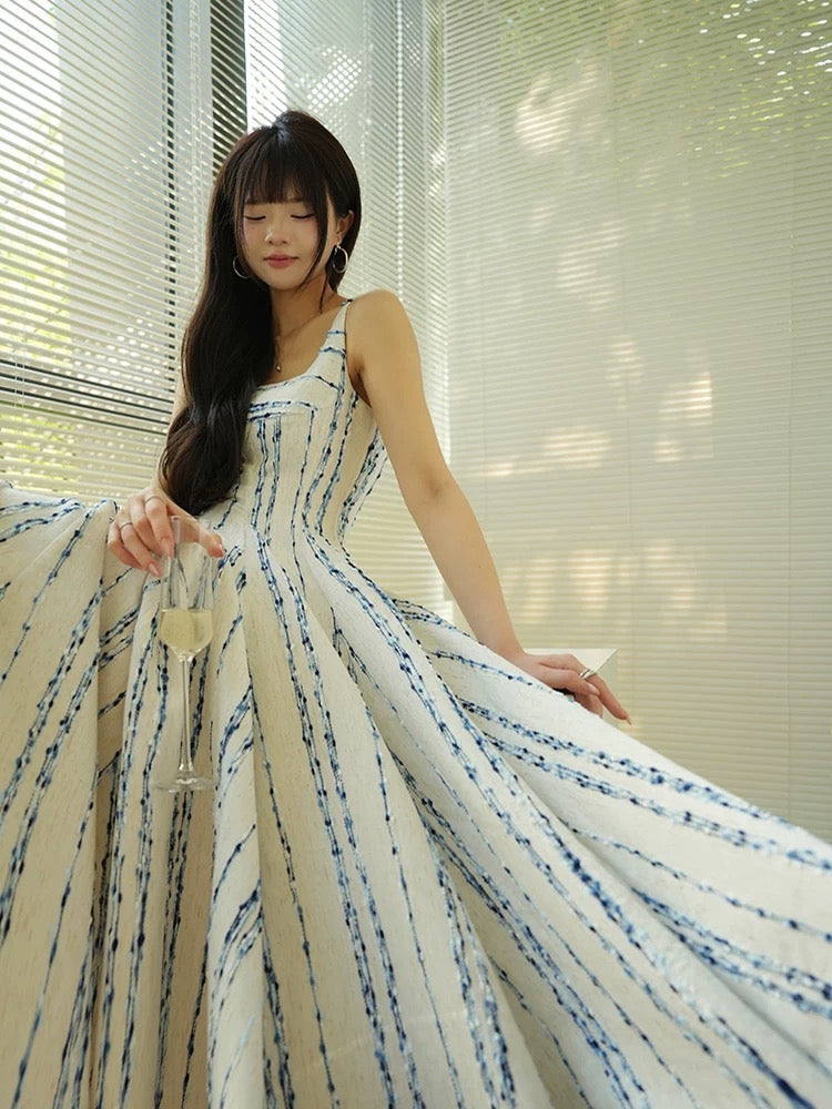 Aconiconi|Porcelain Blue Elegant Heavy-Duty Light-Head Dress Hepburn Goddess High-End Sleeveless Slim Dress