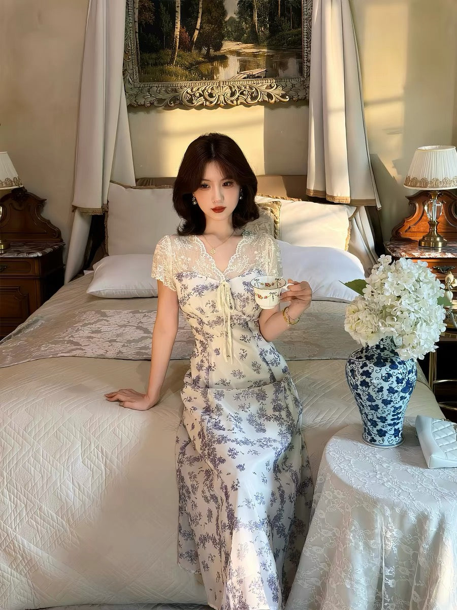 Lei Yingjun's "Lily of the Valley Morning Dew" French-style Gentle Floral Dress for Women - Summer Lace Waist-cinching Slimming Elegant Long Dress