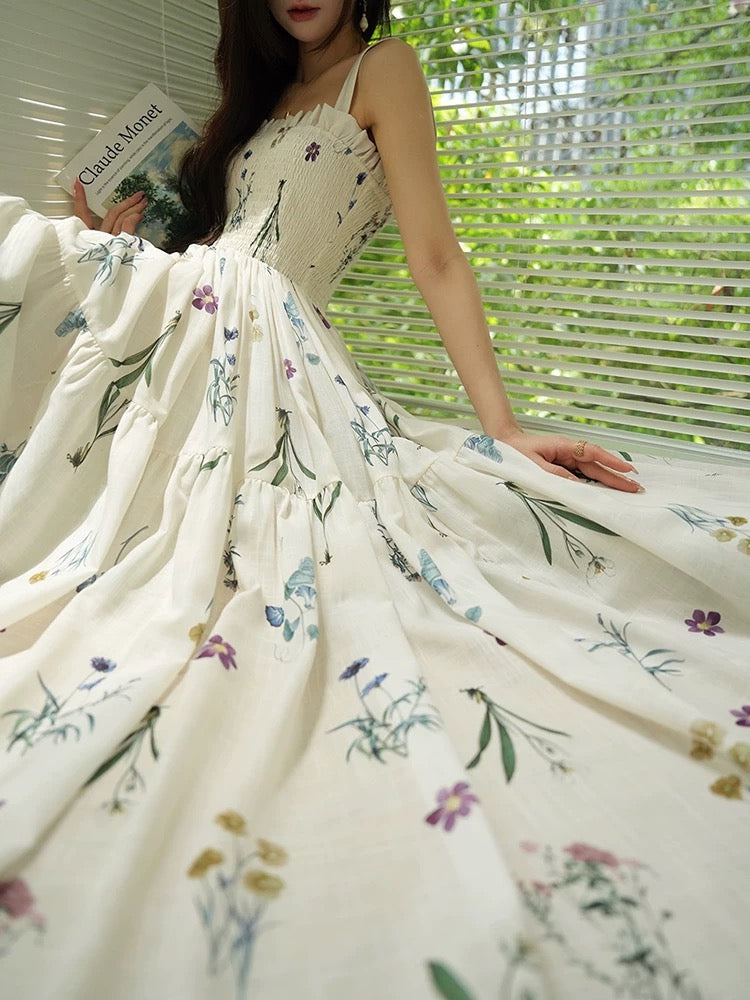 Aconiconi|Qionghuaque French sweet botanical print small fresh suspender waist slimming dress