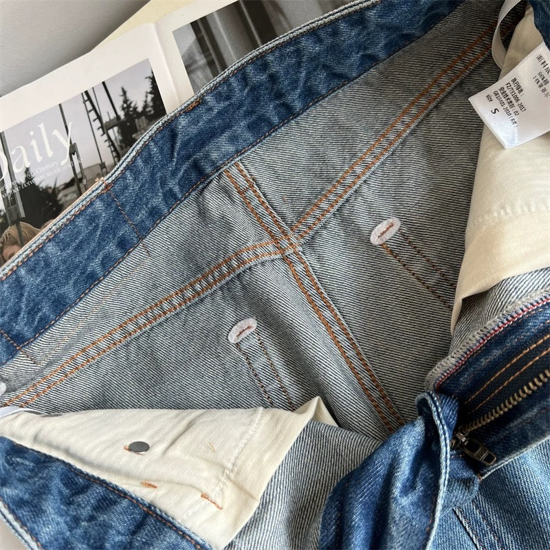American retro style! Thin ripped jeans for women, stylish and chic, loose and casual straight-leg wide-leg pants.
