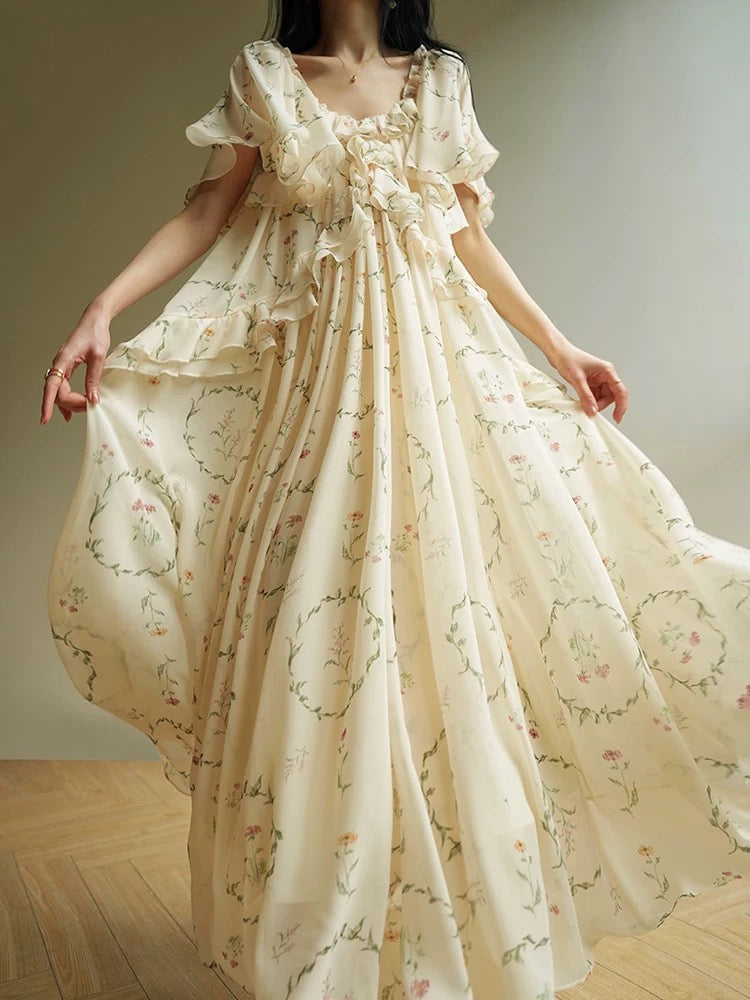 Aconiconi|Hananoma French Country Girl Print Holiday Style Loose Lazy Summer Maxi Dress