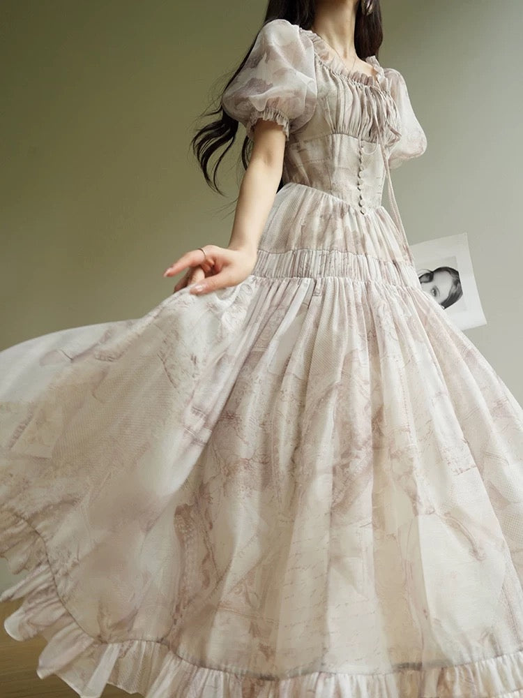 Aconiconi|Yuanshan French retro print palace style design niche waist slim long dress
