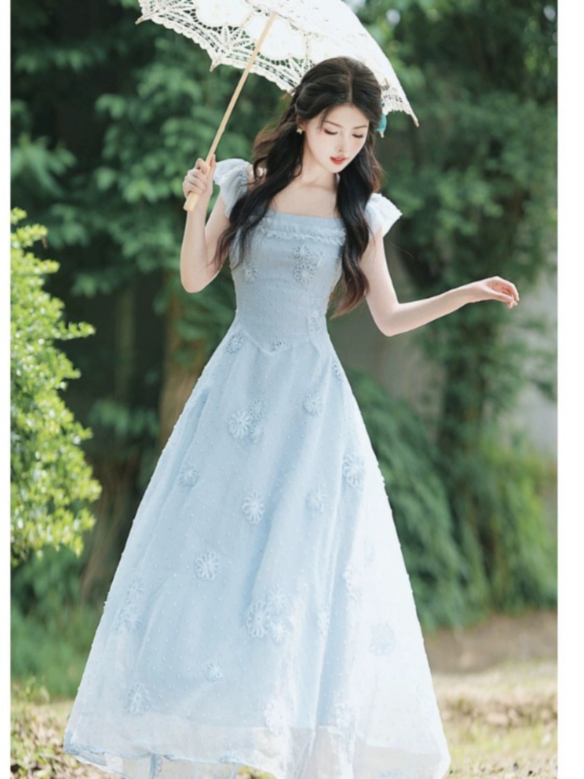 Summer cool women's clothing retro French fairy holiday style blue flying sleeve dress forest style tea break platycodon