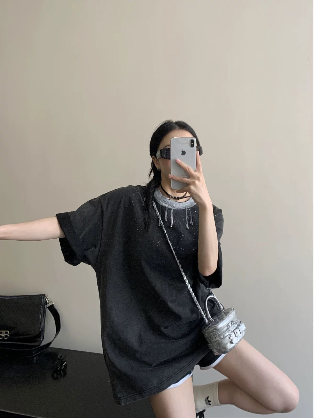 Waste wood summer American niche distressed pearl cotton short-sleeved women's loose retro design spray-painted T-shirt trendy
