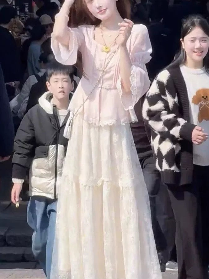 New Chinese style national style suit spring temperament slim high-end retro top + lace skirt two-piece suit for women