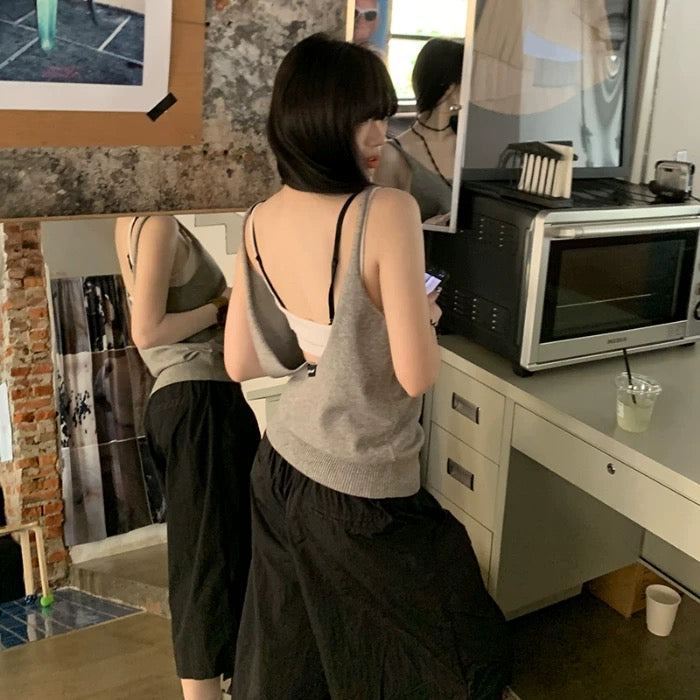 Pure desire lazy style casual knitted camisole vest for women in summer with hollowed-out back and loose hot girl ins top