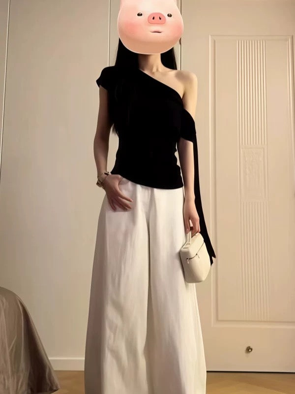 Salty street-blasting set of summer unique oblique collar off-shoulder black T-shirt top casual wide-leg pants two-piece suit for women