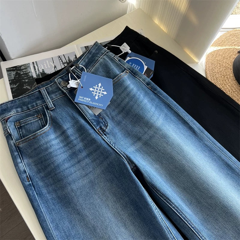 Hip-slimming wonder! Retro blue slim-fit flared pants, autumn four-way stretch, loose drape, straight leg, floor-length trousers.