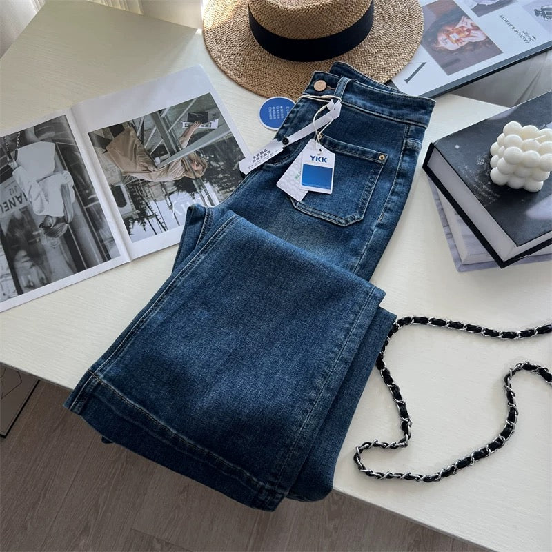 French retro style! Classic navy blue double pocket jeans for autumn/winter, slimming and elongating, stretchy flared jeans that drape to the floor.