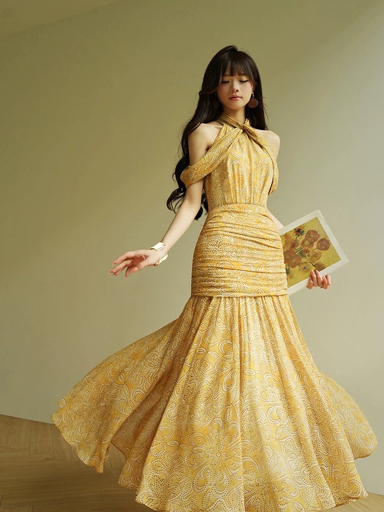 Aconiconi|Poetry of the Ear French Lady Halter Neck Off-the-Shoulder Design High-Waisted Slimming Long Dress