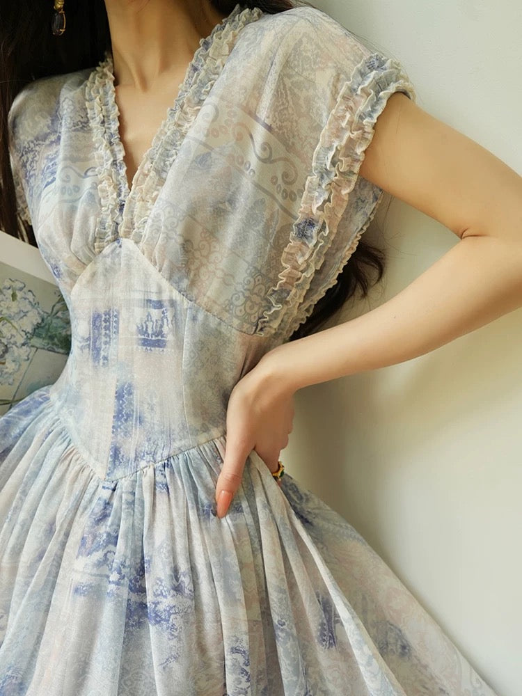 Aconiconi|Qingqing Manwu French sweet print high-end ruffled large skirt holiday dress