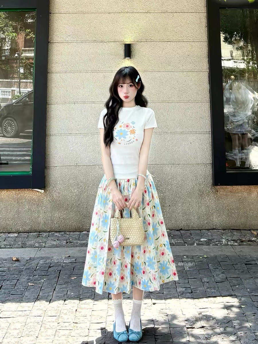 Summer Fresh Floral Print Midi Skirt Set for Women, 2026 New Style, Short-Sleeved Top with Straight Shoulders, Sweet and Youthful (ootd)