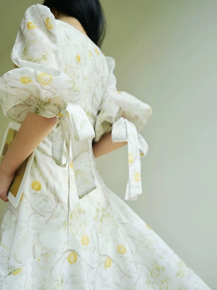 Aconiconi|Fengmian French floral print sweet large square neckline slim waist long skirt dress