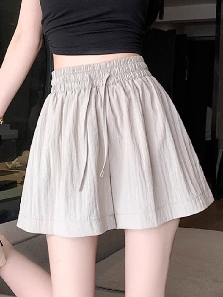 Ice silk petite cotton and linen shorts for women summer new high waist drawstring loose slim all-match casual wide-leg pants