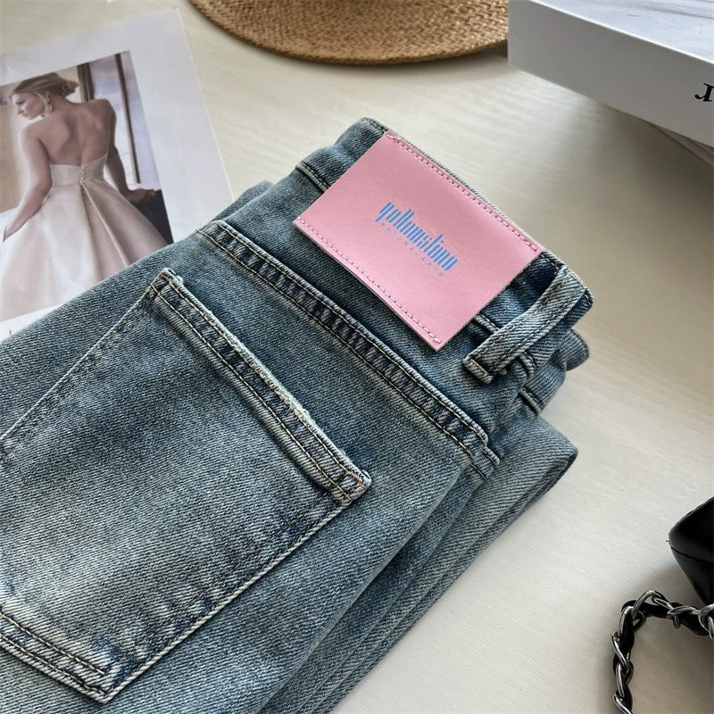 Heavy-duty washed denim jeans - New spring style, retro blue, slimming and leg-lengthening, high-waisted, narrow-leg straight-leg jeans for women.