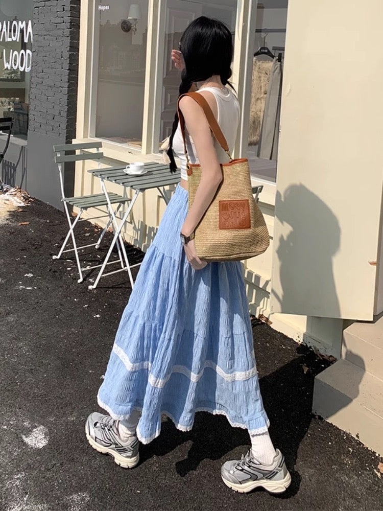 Forest lace ruffled blue a-line skirt autumn and summer 2025 super fairy holiday style drape long skirt