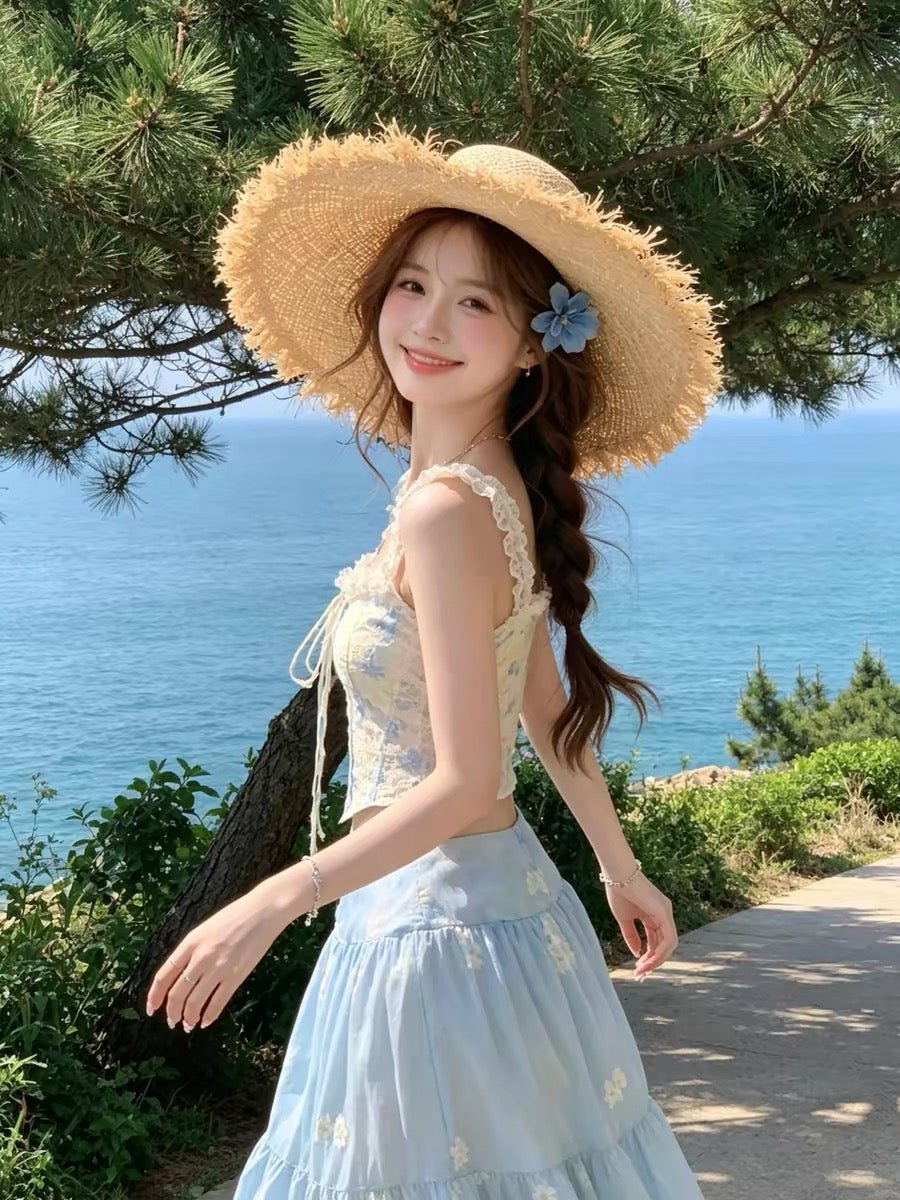 Island vacation style lace camisole top and bright blue floral skirt two-piece set for women, summer dopamine set