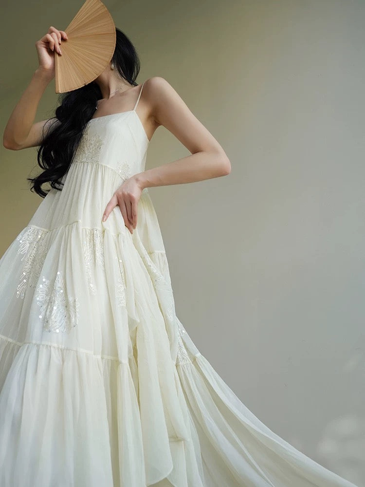 Aconiconi|Silk Language French romantic heavy beaded embroidery fairy atmosphere sling big swing holiday dress