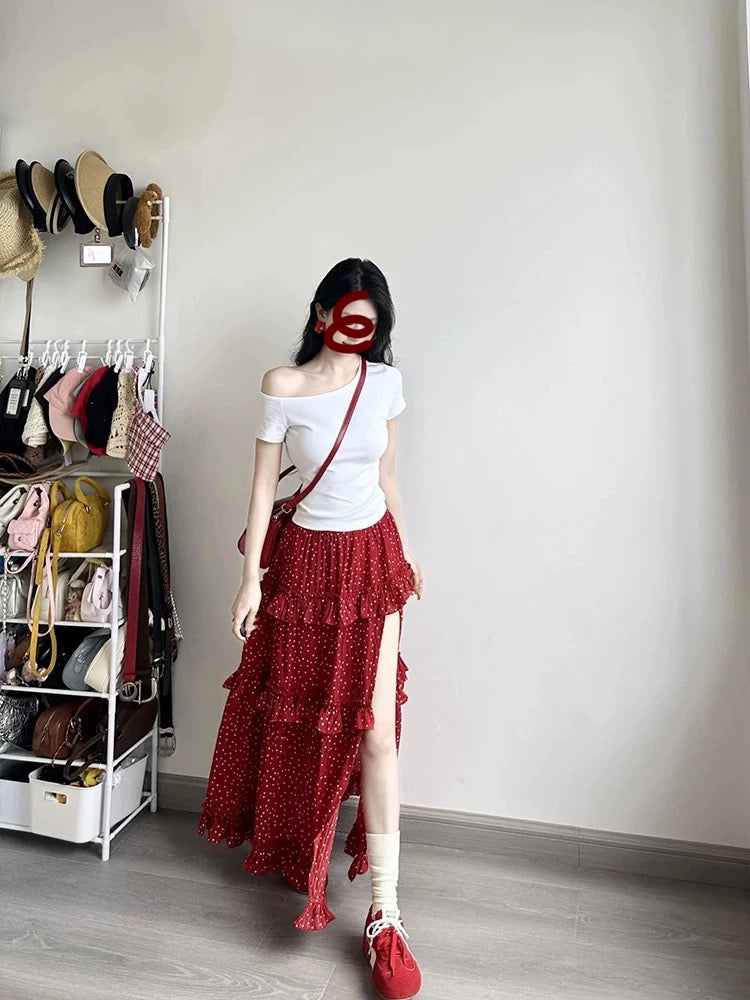 French retro red polka dot split skirt women's high waist lace sweet long skirt T-shirt top summer suit